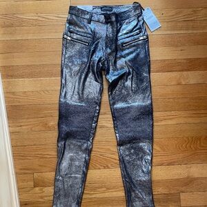 Zara premium denim collection Shimmering Silver Pants NWT metallic polysuede